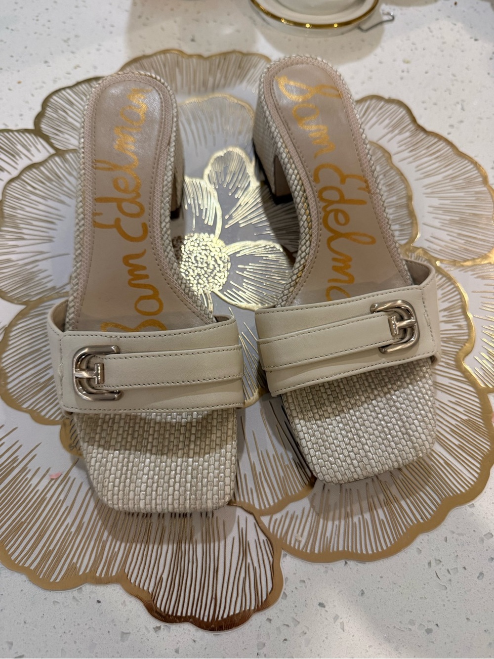 Sam Edelman Cream Woven Square-Toe Slide Mules with Buckle Detail